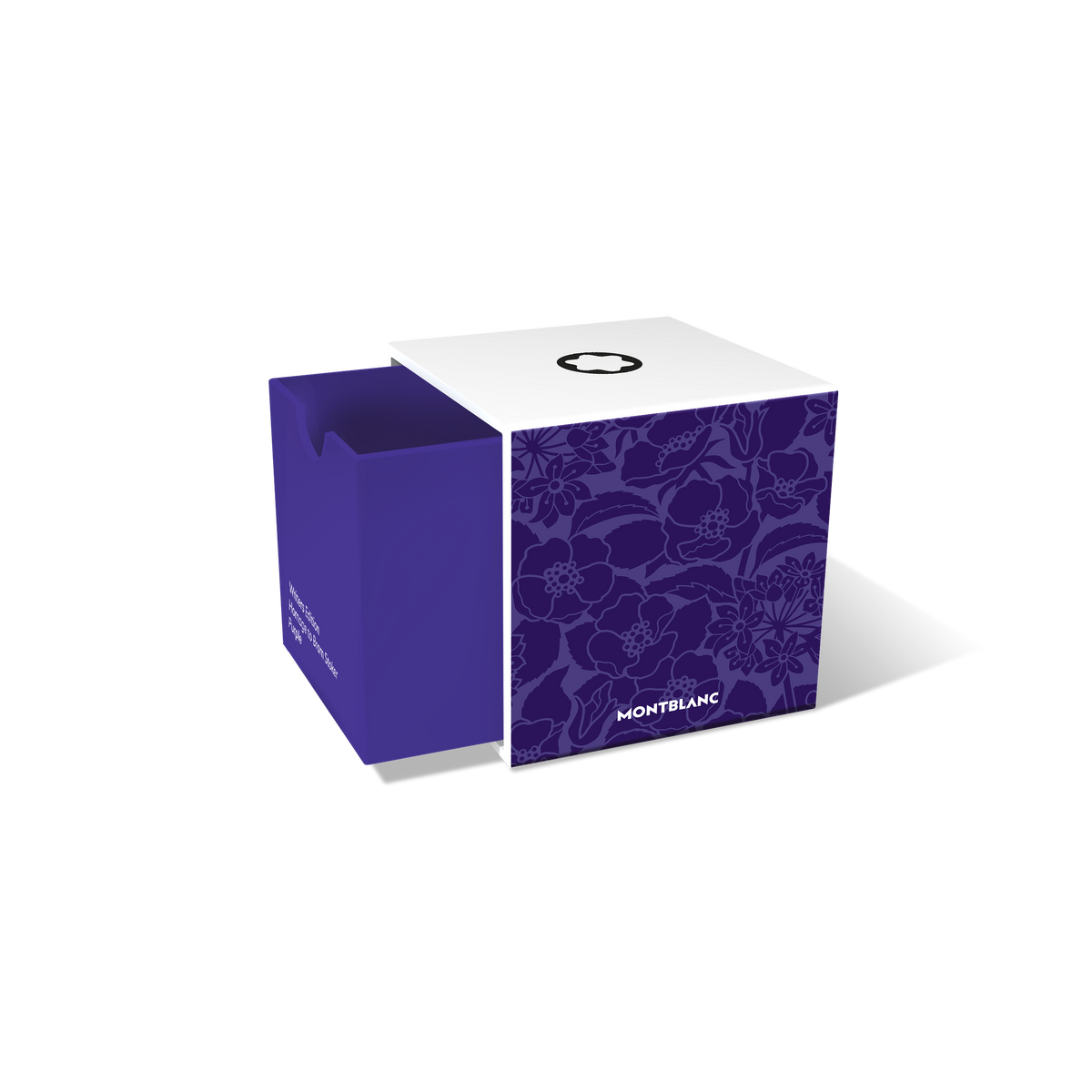 A square Montblanc Writers Edition box with a white top and purple floral sides, partially open to reveal the Montblanc Ink Bottle 50ml Purple Writers Edition Homage to Bram Stoker—ideal for collectors.