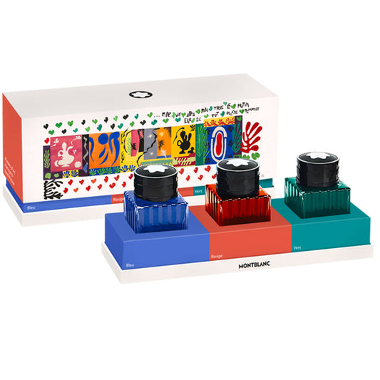 The Montblanc Masters of Art Homage to Henri Matisse 3x30 ml Ink Bottle Set includes blue, red, and green inks in a colorful gift box decorated with vibrant artwork and the Montblanc logo.