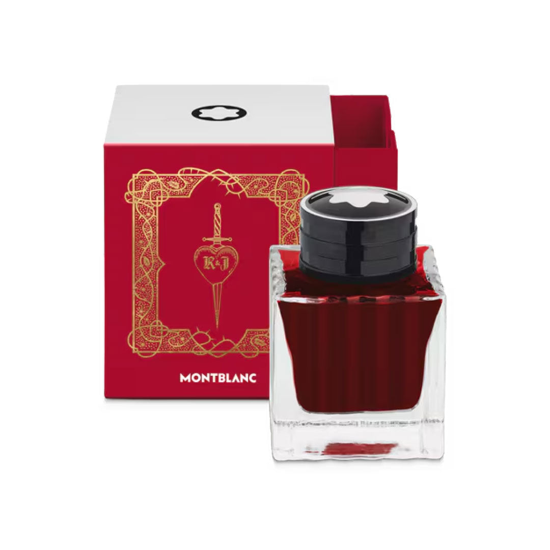 A Montblanc Ink Bottle 50ml Verona Red, Meisterstuck Romeo & Juliet sits before a special red Montblanc box with gold detailing, a sword-pierced heart, and "K.41"—a tribute to Romeo & Juliet.
