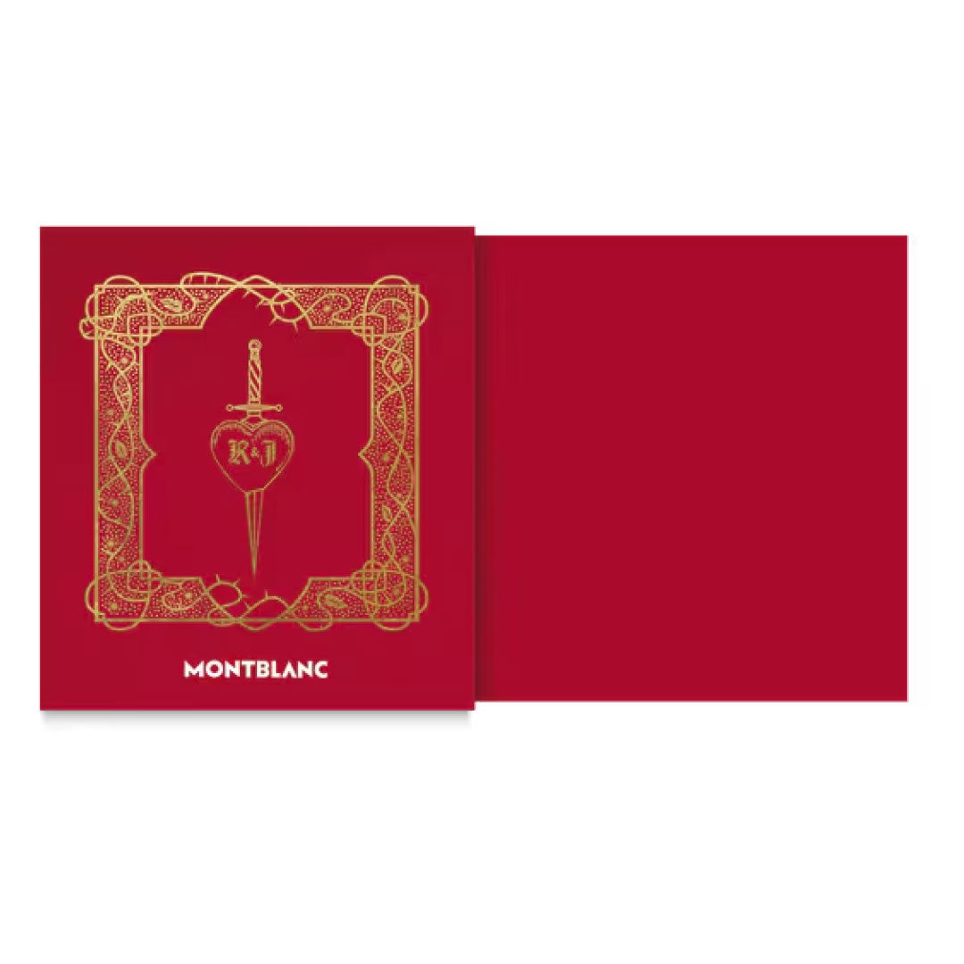 The Montblanc Ink Bottle 50ml in Verona Red, from the Meisterstuck Romeo & Juliet collection, features a gold ornate frame and a heart pierced by a sword with "R & J" inscribed at the center. The right side is blank and open.
