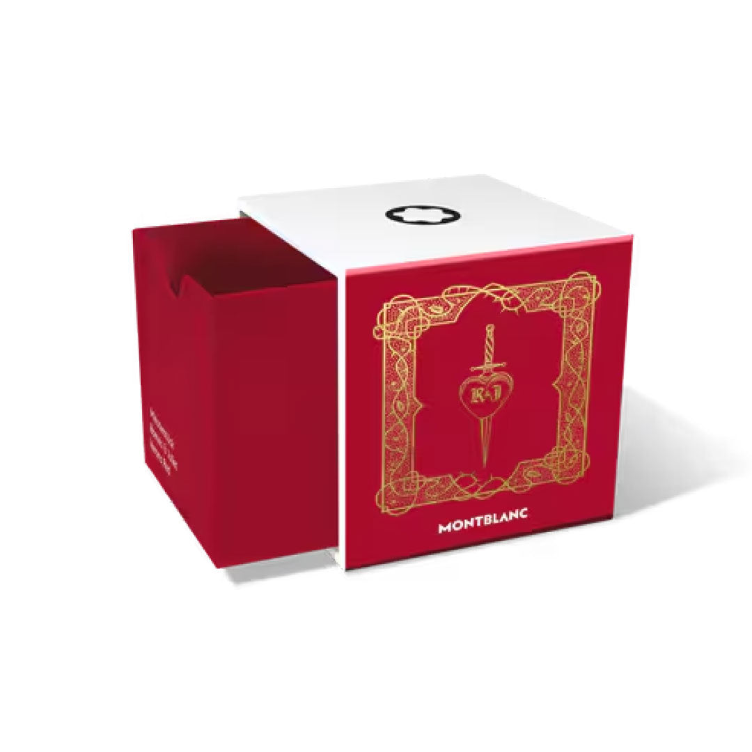 A red and white Montblanc gift box with gold decoration and a key design is partially open, revealing the Montblanc Ink Bottle 50ml, Verona Red, Meisterstück Romeo & Juliet Special Edition inside.