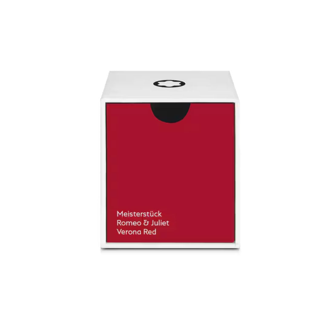 This Montblanc Ink Bottle 50ml in Verona Red (Meisterstück Romeo & Juliet) comes in a white box with a red front panel, "Meisterstück Romeo & Juliet Verona Red" lettering, and a black semicircle cutout at the top.