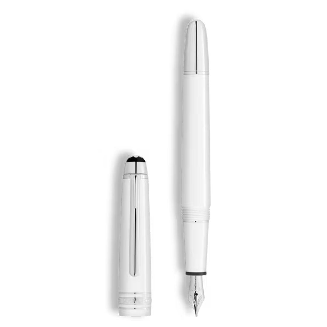 The Montblanc Meisterstuck White Classique Fountain Pen M stands vertically beside its matching white cap with silver clip and accents, both displayed on a plain white background.