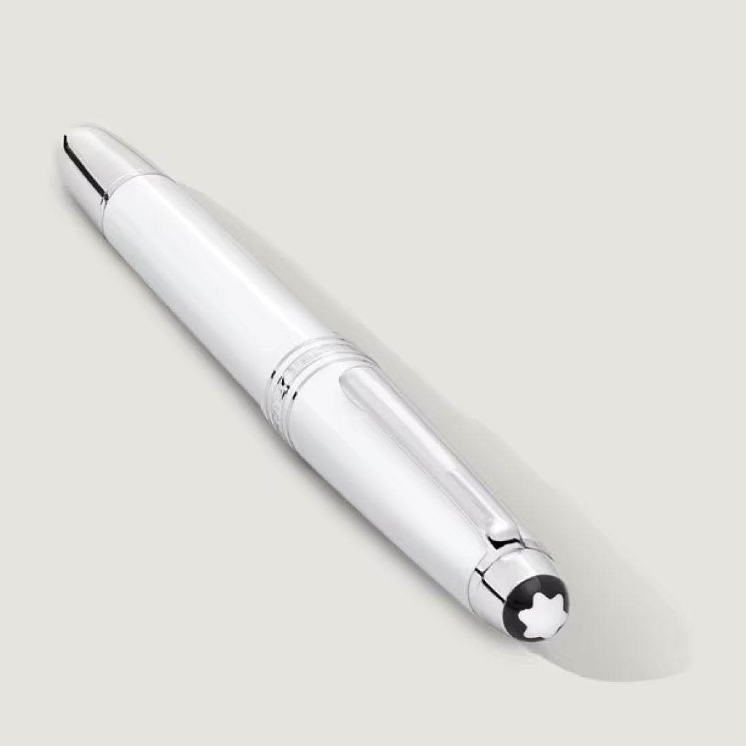 The Montblanc Meisterstuck White Classique Fountain Pen M features white precious resin, silver details, and the iconic black and white star emblem on the cap, displayed on a light gray background.