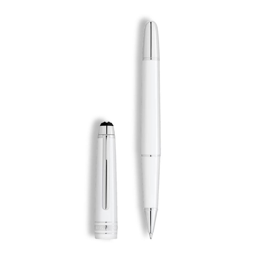 A Montblanc Meisterstuck White Classique Rollerball Pen with its matching cap is displayed on a plain white background.