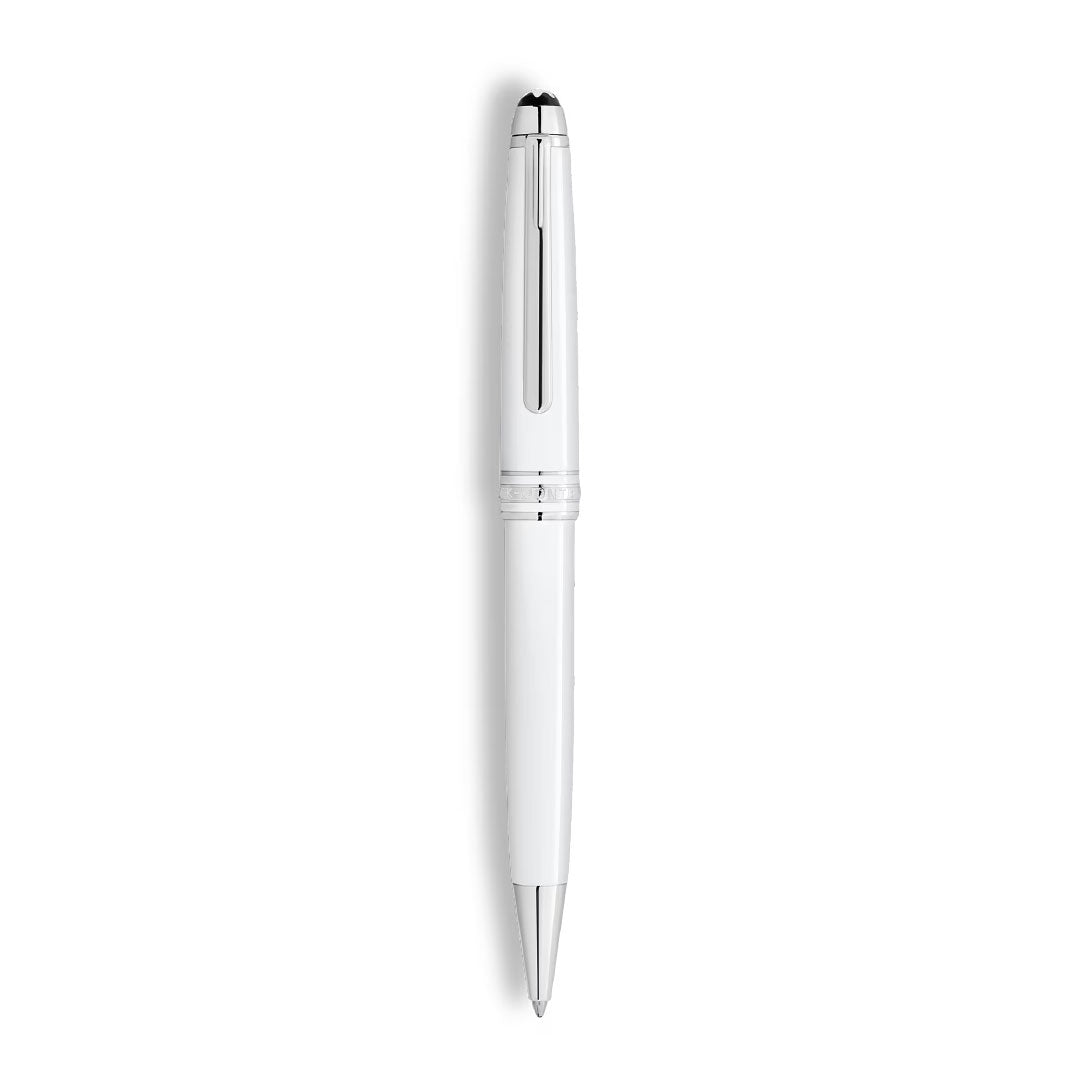 The Montblanc Meisterstuck White Classique Ballpoint Pen stands upright on a plain white background, featuring sleek platinum-coated accents and a glossy metallic clip and tip.