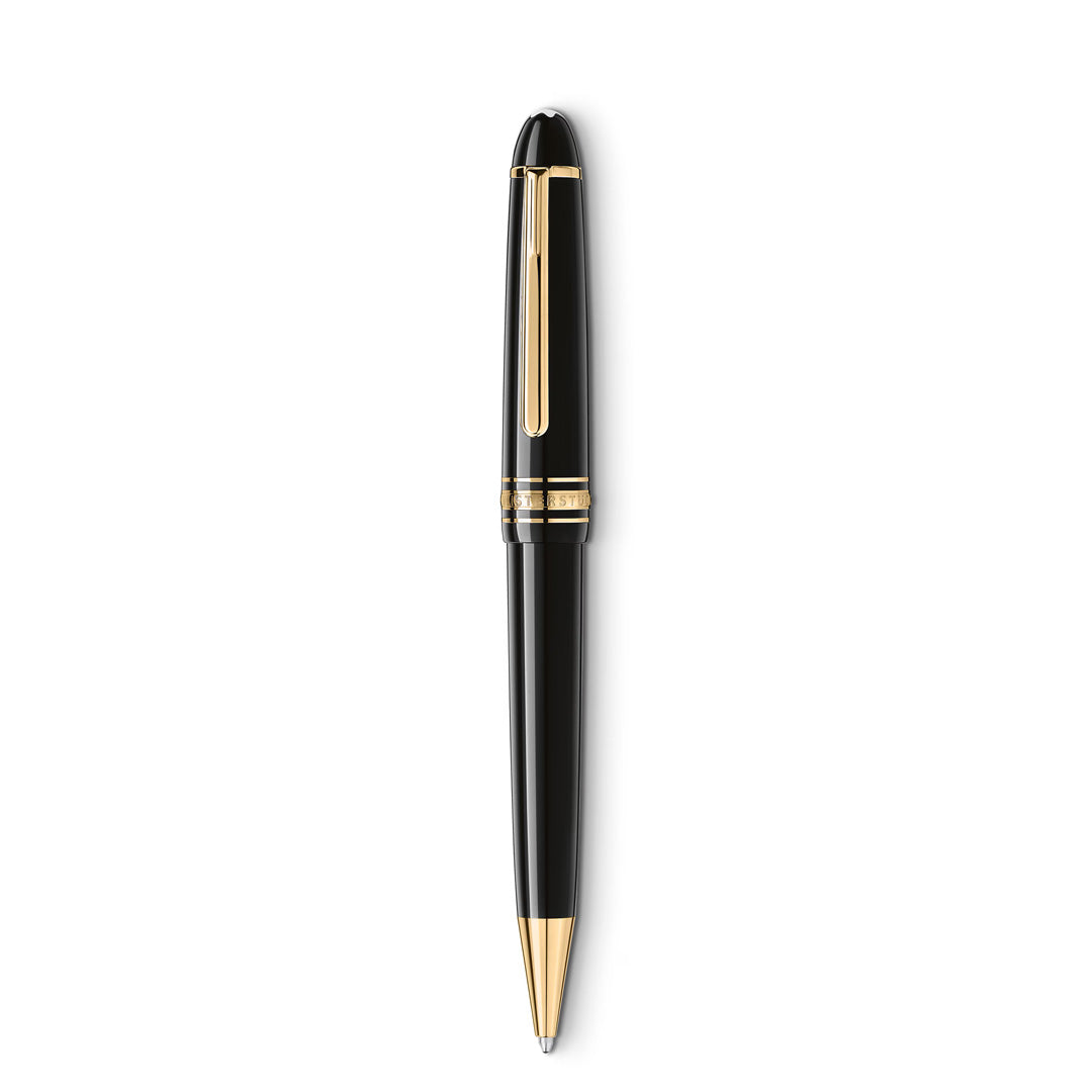 The Montblanc Meisterstuck Ballpoint Pen, a luxury black and gold pen with a shiny finish and gold accents, stands vertically on a plain white background.