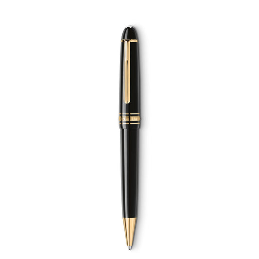 The Montblanc Meisterstuck Ballpoint Pen, a luxury black and gold pen with a shiny finish and gold accents, stands vertically on a plain white background.