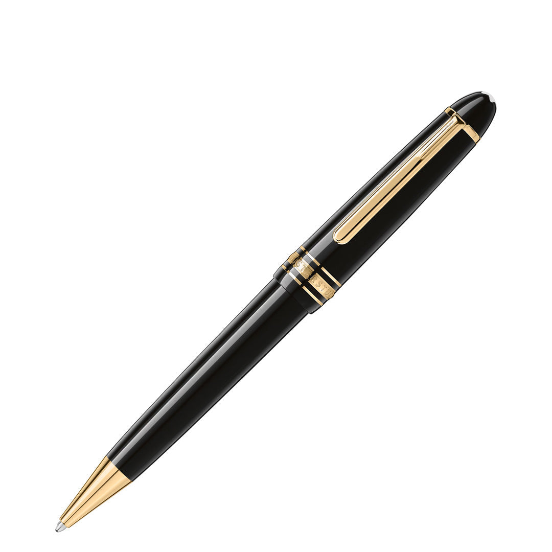 The Montblanc Meisterstück Ballpoint Pen features elegant gold accents on the tip, clip, and center ring, showcased against a white background.