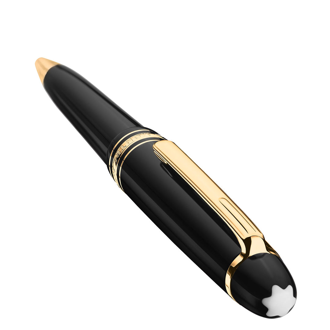 The Montblanc Meisterstuck Ballpoint Pen, a luxurious black pen with gold accents and the iconic white star emblem on the cap, is displayed diagonally on a white background—an elegant choice for refined writing.