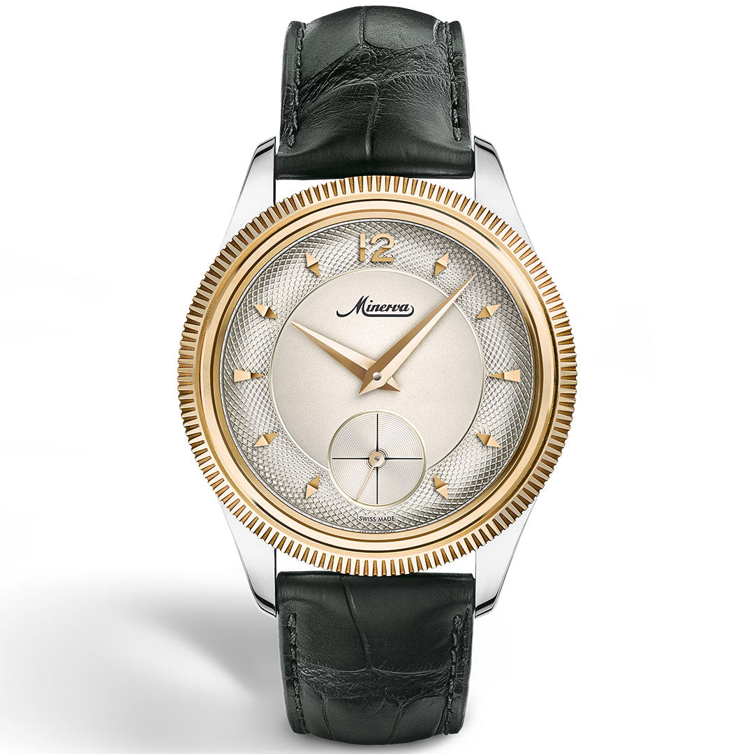 A luxurious Montblanc Minerva The Unveiled Crownless Manual Winding 41.5mm watch, showcasing a rose gold bezel, cream dial with small seconds subdial, gold indices, and a black leather strap. The brand name "Montblanc" is elegantly displayed on the dial.