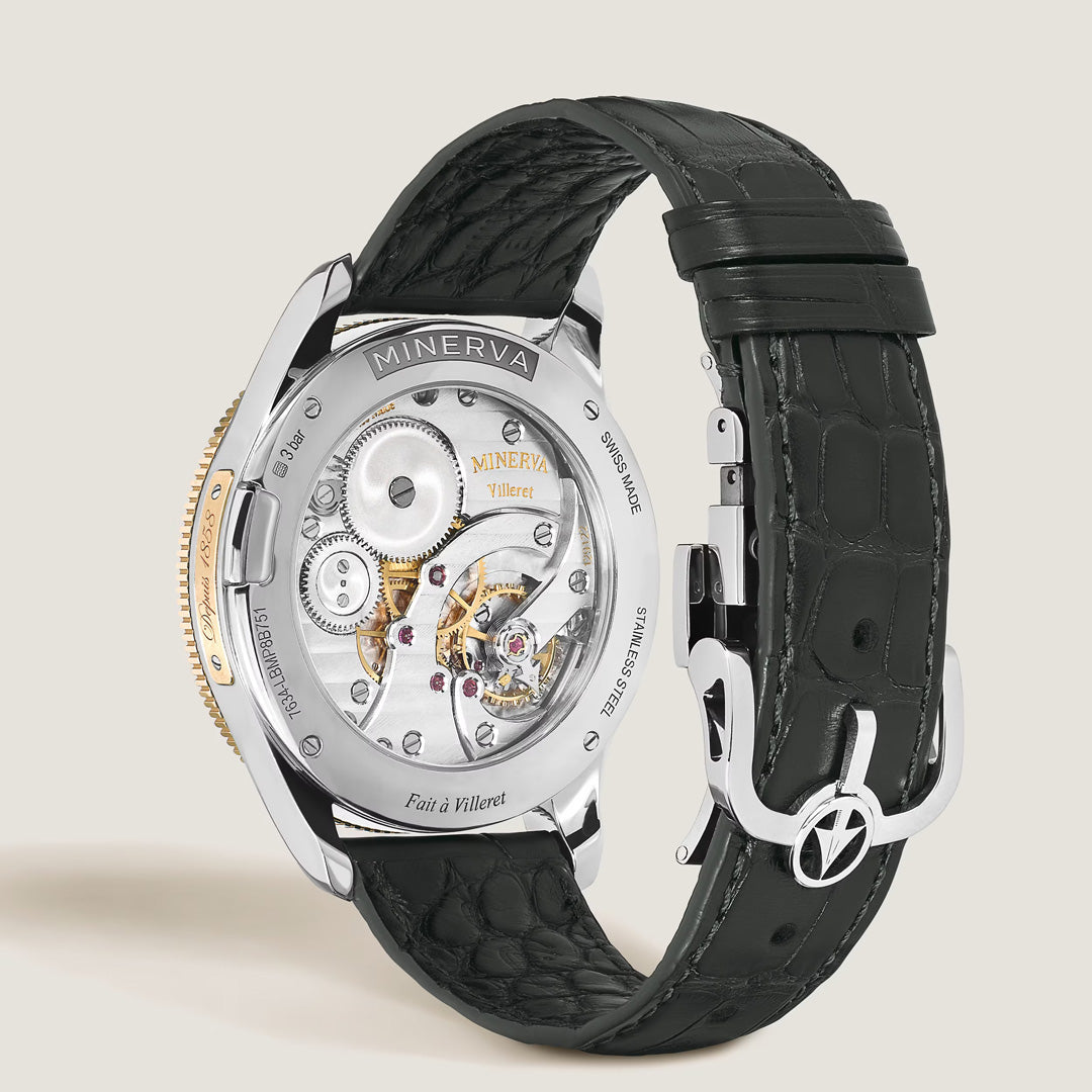The Montblanc Minerva The Unveiled Crownless Manual Winding 41.5mm Watch features a black textured leather strap, a rose gold bezel for added refinement, and an elegant clasp adorned with a distinctive metal emblem. Its transparent case back reveals the intricate inner mechanical gears, while engraved details such as "Minerva" and "Fait à Villeret" emphasize its exceptional craftsmanship from Montblanc.