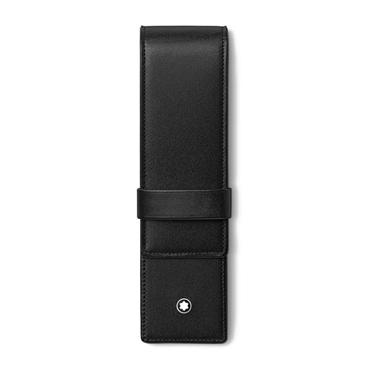 The Montblanc Meisterstück Black Leather Pen Pouch, crafted by Montblanc, features a sleek black leather design with a flap closure and is accented with a small circular logo at the bottom.