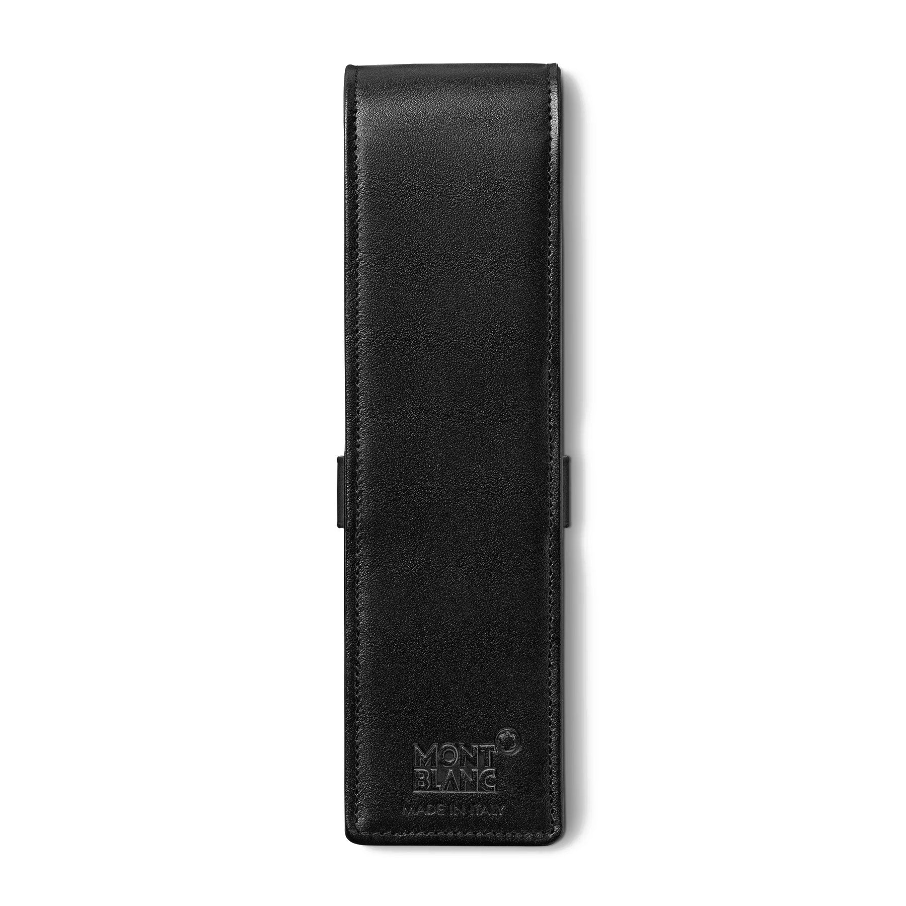 Introducing the Montblanc Meisterstück Black Leather Pen Pouch: a sleek, rectangular design with a flap closure. It features the iconic Montblanc logo and "Made in Italy" embossed on the bottom front, making it an ideal accessory for discerning individuals.