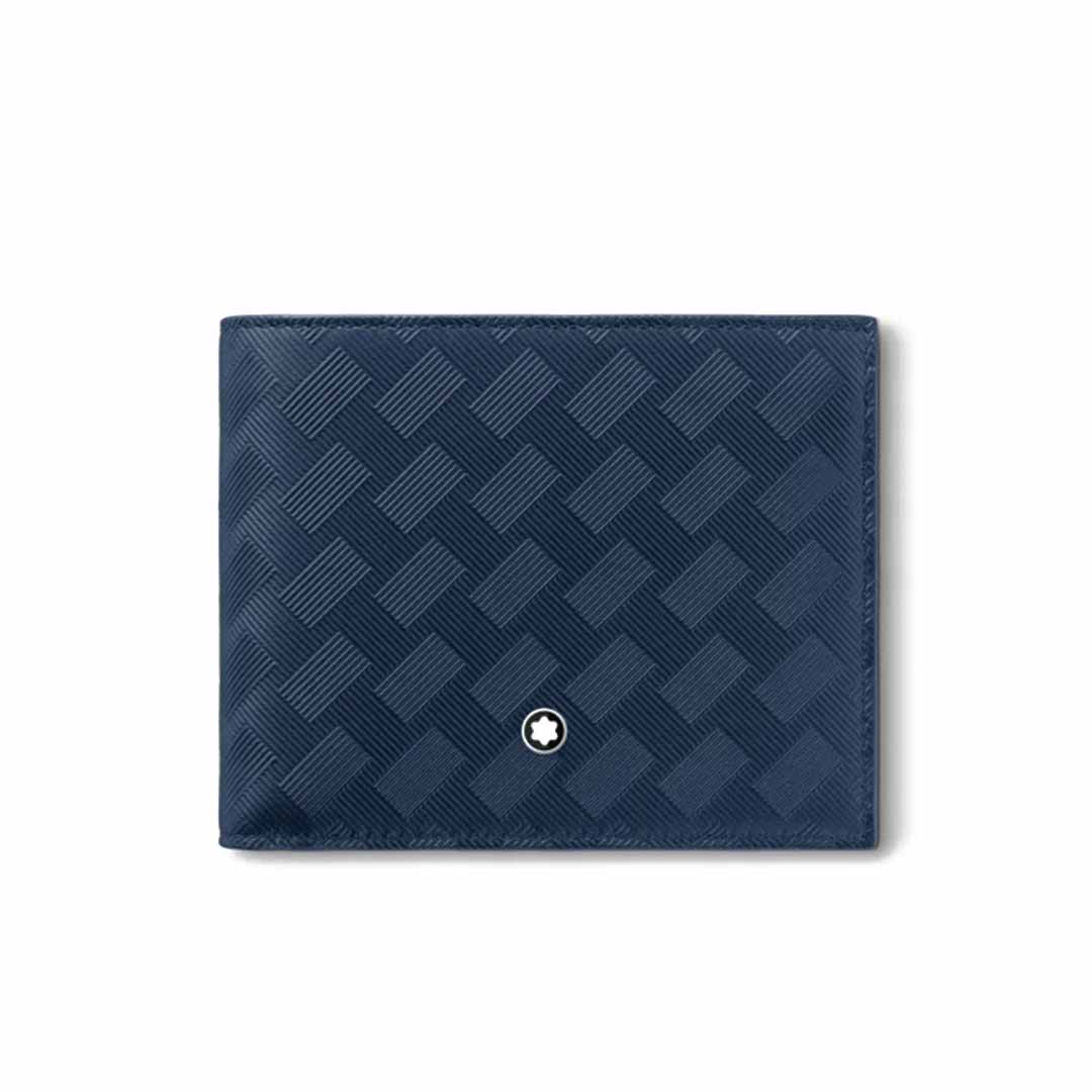 Introducing the Montblanc Extreme 3.0 Blue 6cc Leather Wallet by Montblanc: this exquisite wallet is crafted from full-grain bovine leather, featuring a rich blue hue and textured, checkered design. It boasts a small emblem at the bottom center, showcasing a minimalist and elegant design. The interior includes convenient credit card slots, all beautifully presented against a serene white background.