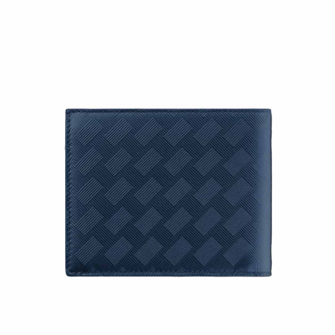 The Montblanc Extreme 3.0 Blue 6cc Leather Wallet, made from full-grain bovine leather with a textured woven pattern, offers convenient credit card slots and is elegantly showcased against a white background.