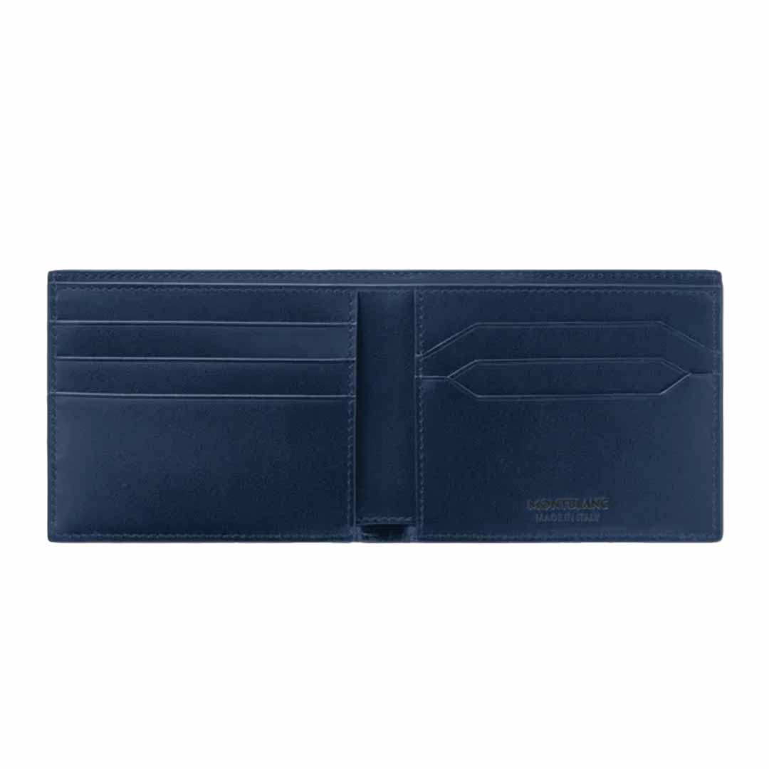 Introducing the Montblanc Extreme 3.0 Blue 6cc Leather Wallet by Montblanc: featuring a sleek design with multiple credit card slots and compartments for cash, crafted from full-grain bovine leather to deliver elegance and functionality against a pristine white background.