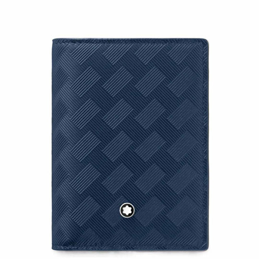 Introducing the Montblanc Extreme 3.0 4cc Leather Blue Card Holder by Montblanc, a stylish accessory crafted from full-grain leather in navy blue. This card holder features a textured geometric pattern and is adorned with a small circular emblem showcasing a star design at the bottom center. The design includes convenient credit card slots to ensure optimal organization.