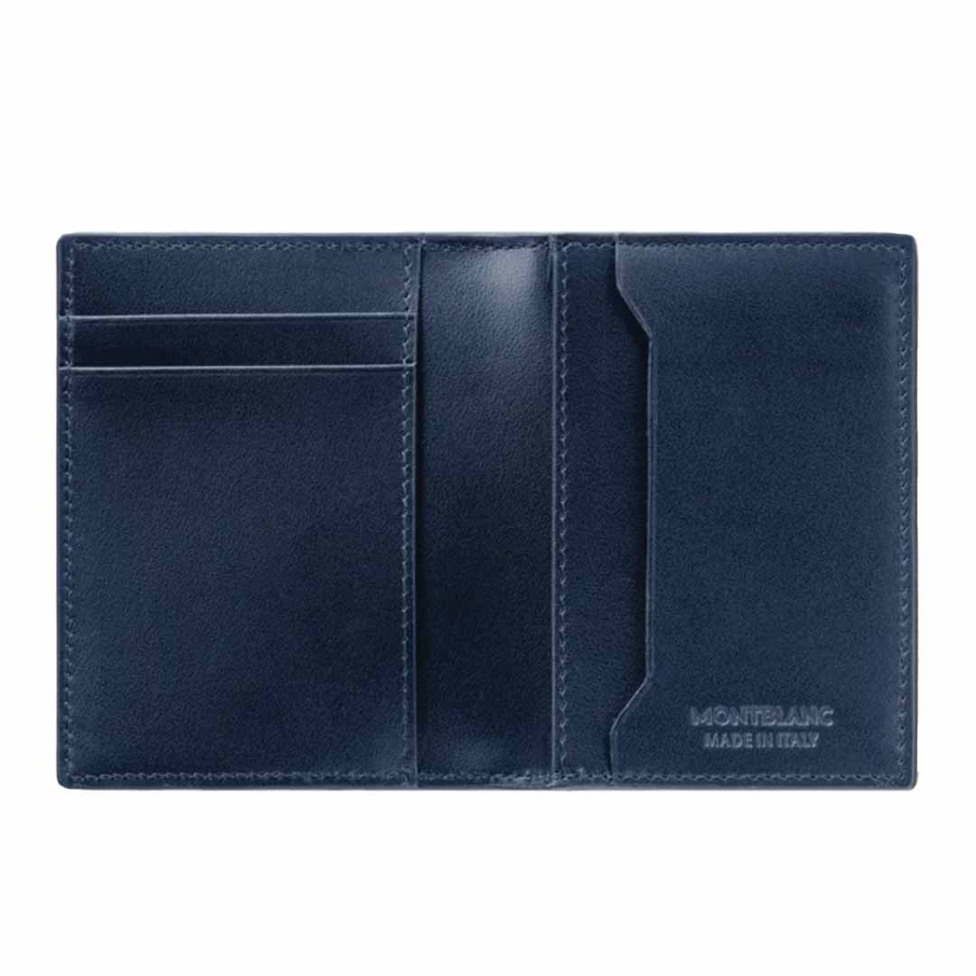 The Montblanc Extreme 3.0 4cc Leather Blue Card Holder, crafted by Montblanc, showcases three credit card slots on the left and an open pocket on the right. The phrase "Montblanc Made in Italy" is embossed on the lower right corner.