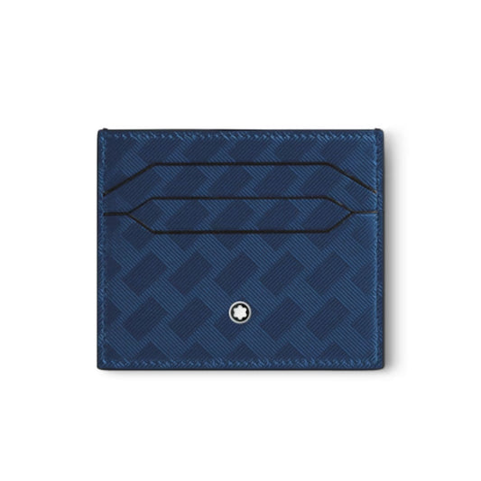 The Montblanc Extreme 3.0 6cc Leather Card Holder, designed by Montblanc, is a blue wallet made from full-grain leather with a textured geometric pattern and a small circular emblem at its center. This elegant card holder includes several card slots and is showcased against a pristine white backdrop.