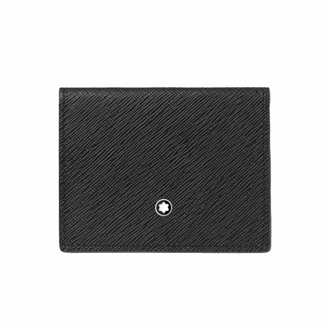 A black Montblanc Sartorial Trio 4cc Leather Card Holder in saffiano leather with a textured surface and a small white star emblem at the center. Featuring a tri-fold card holder design with credit card slots, the wallet is closed and displayed against a white background.