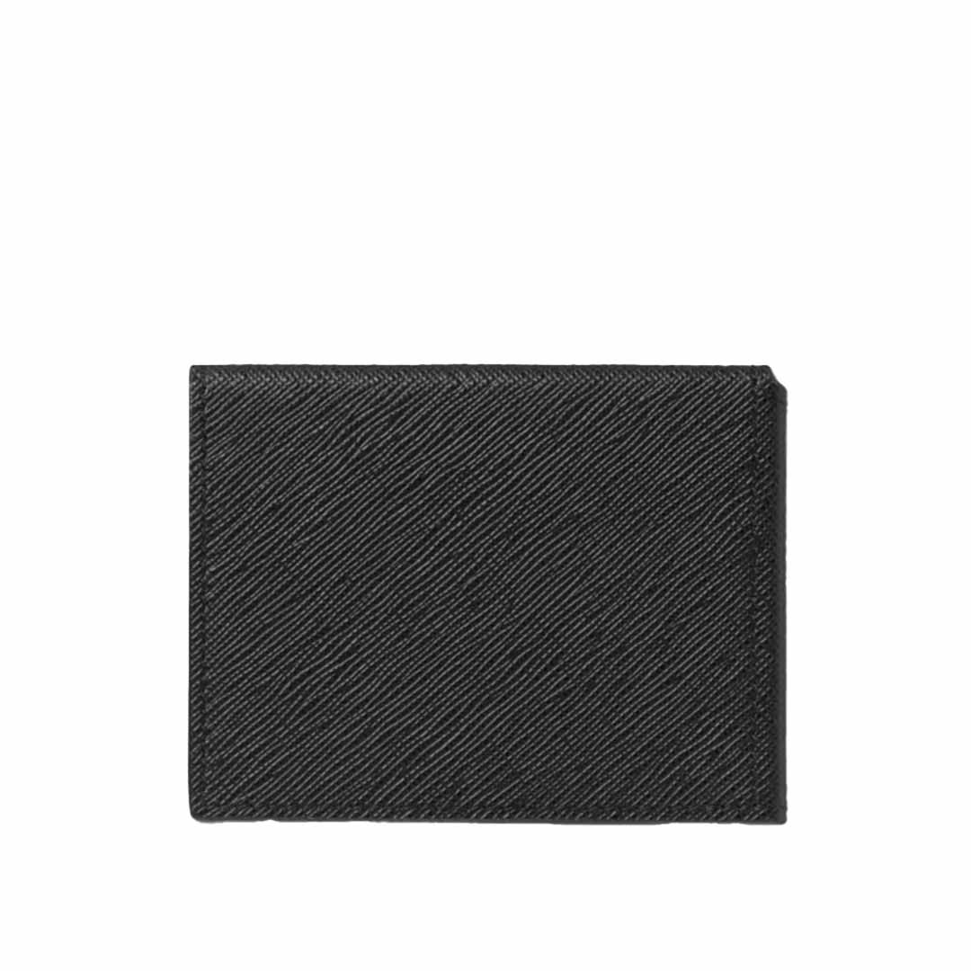 The Montblanc Sartorial Trio 4cc Leather Card Holder, a sleek tri-fold accessory crafted by Montblanc from saffiano leather, showcases an elegant textured diagonal line pattern against a plain white background.