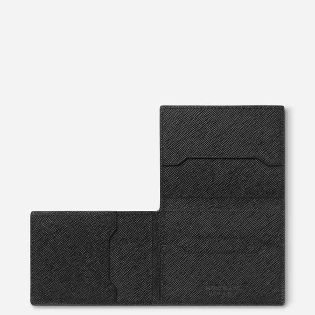 A Montblanc Sartorial Trio 4cc leather card holder, crafted in sleek black saffiano leather, is showcased on a white background. Featuring a minimalist design with multiple credit card slots, the wallet is open, highlighting its textured material and neatly arranged compartments.