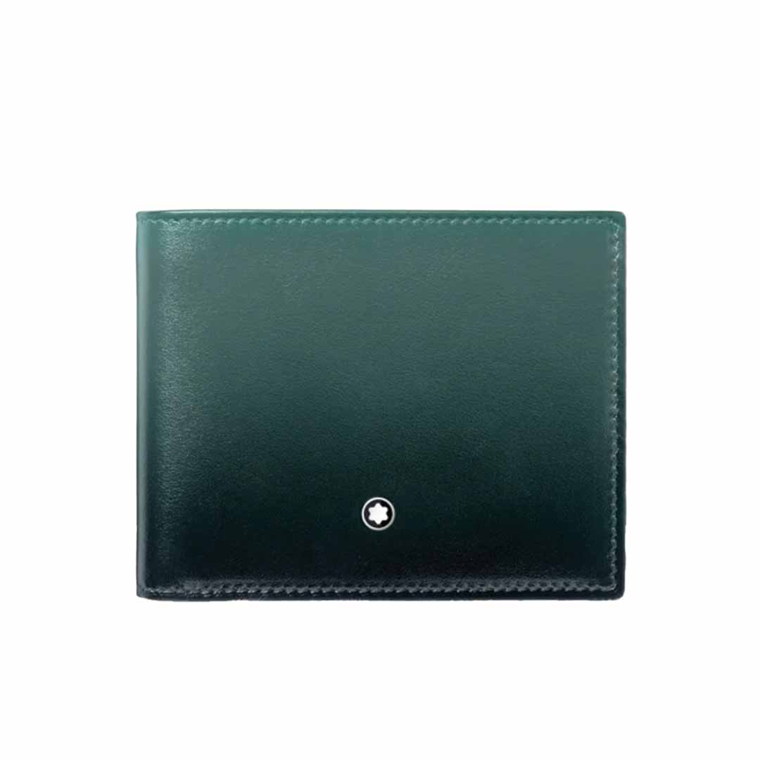 The Montblanc Meisterstück 6cc leather wallet, in a closed, premium British green design, showcases a small circular white logo in the lower right corner. This Montblanc wallet features neat stitching along its edges and is enhanced by a subtle sfumato effect.
