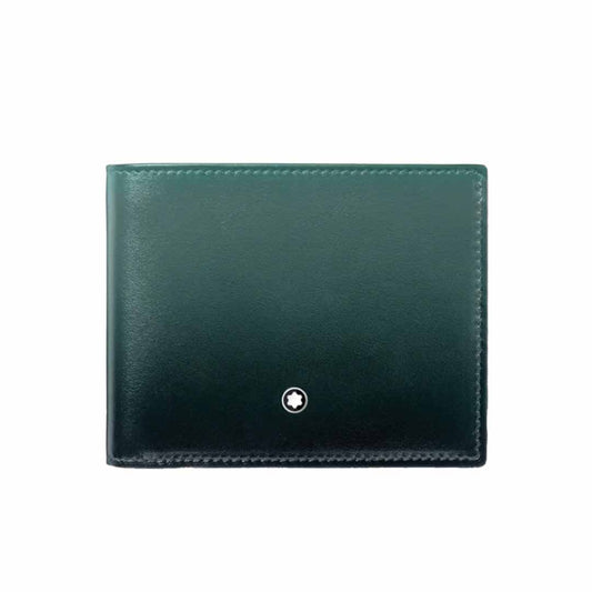 The Montblanc Meisterstück 6cc leather wallet, in a closed, premium British green design, showcases a small circular white logo in the lower right corner. This Montblanc wallet features neat stitching along its edges and is enhanced by a subtle sfumato effect.