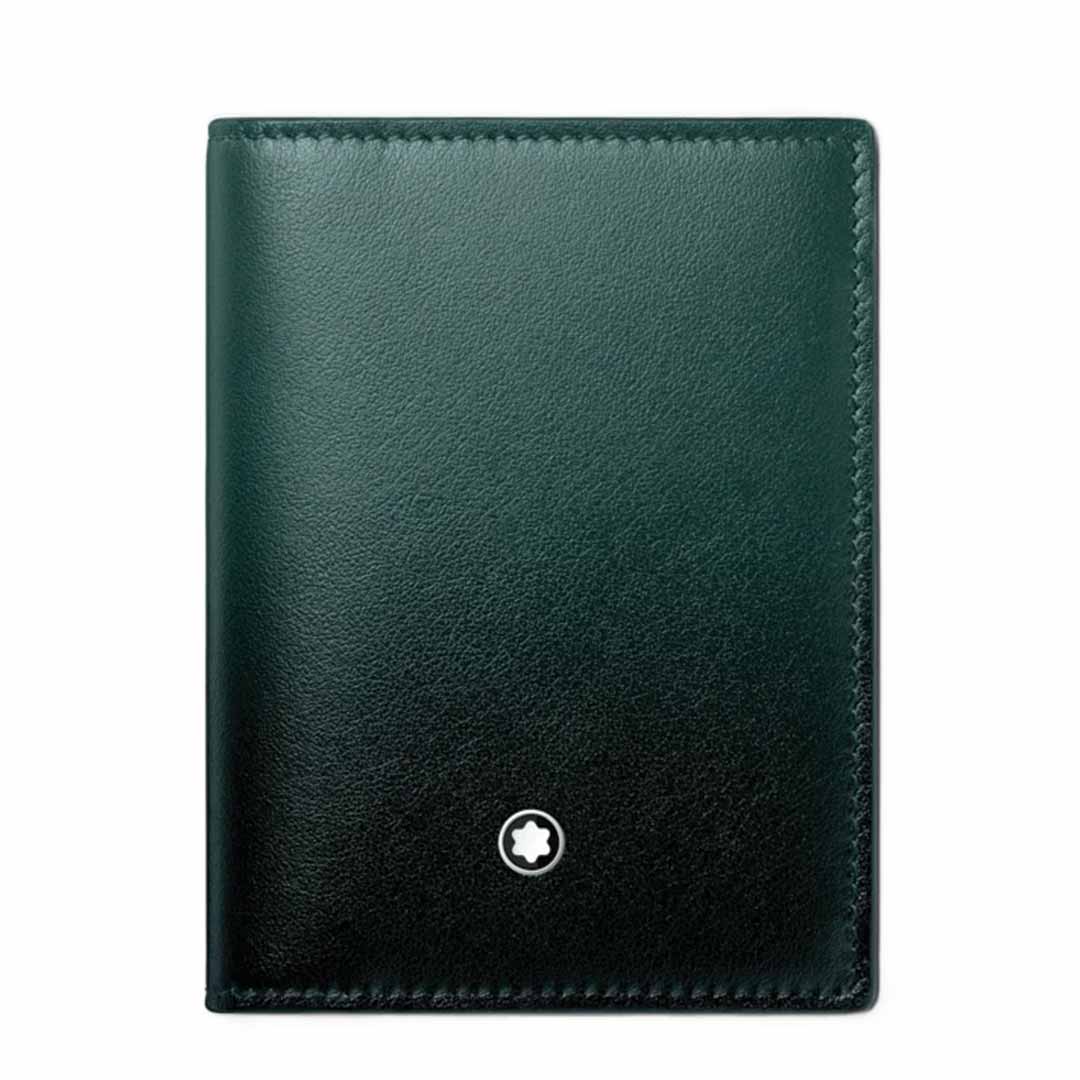 Displayed against a white background is a sleek, closed leather card holder in British green, part of the Montblanc 100 Years collection. This exclusive Montblanc Meisterstuck 4cc Leather Card Holder showcases a small, round white emblem with a star at its center near the bottom edge and boasts a simple yet elegant design.