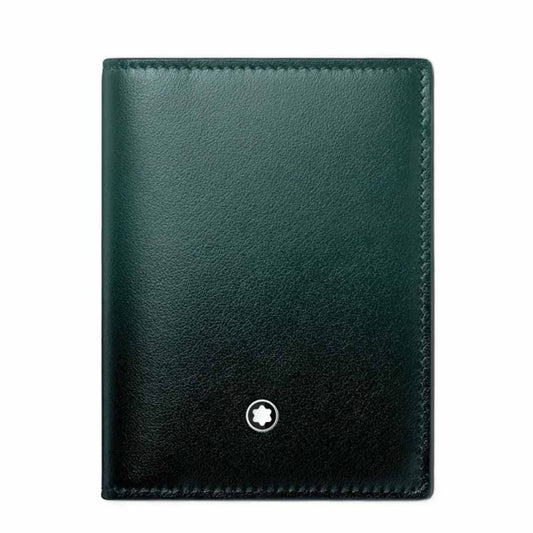Displayed against a white background is a sleek, closed leather card holder in British green, part of the Montblanc 100 Years collection. This exclusive Montblanc Meisterstuck 4cc Leather Card Holder showcases a small, round white emblem with a star at its center near the bottom edge and boasts a simple yet elegant design.