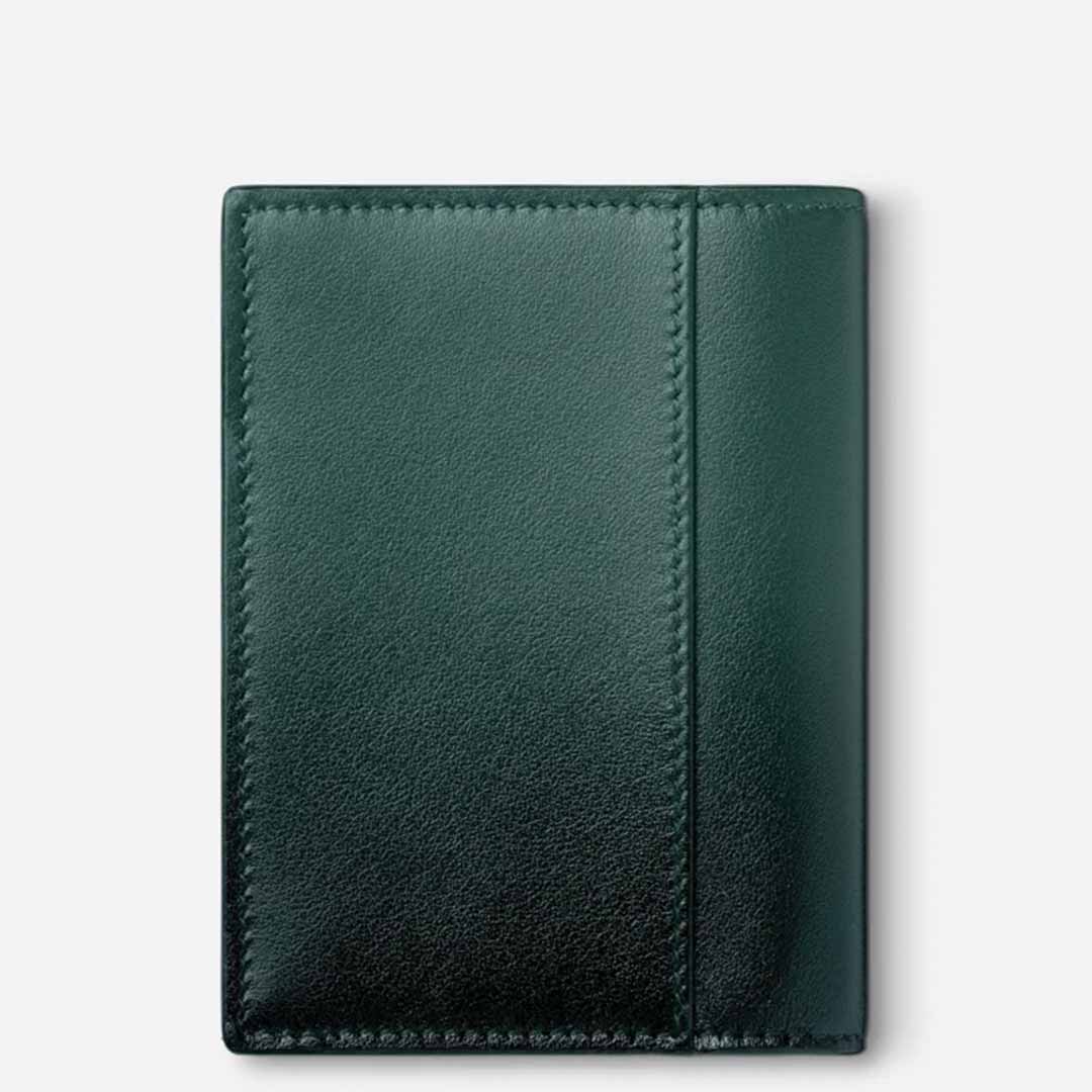 A sleek Montblanc Meisterstück 4cc Leather Card Holder in British green is set on a light gray background. The card holder is closed, featuring a smooth finish and visible stitching along the edges, reminiscent of the timeless design from Montblanc's 100 Years capsule collection.