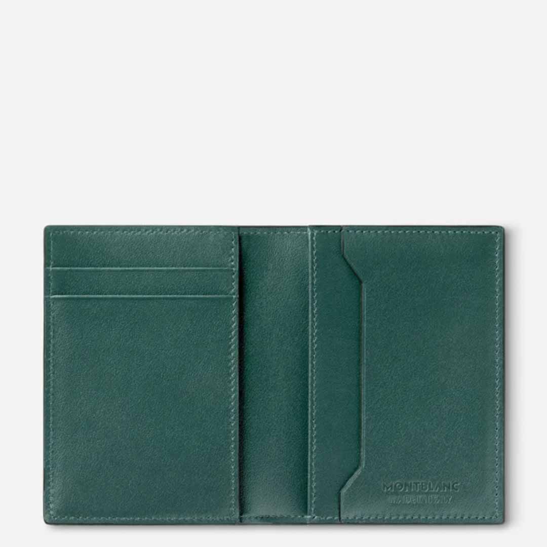 The Montblanc Meisterstück 4cc Leather Card Holder, in an open British green leather design, includes card slots on the left and a pocket on the right. As part of the 100 Years capsule collection, its elegance is enhanced by the embossed Montblanc brand name in the corner on the right side.