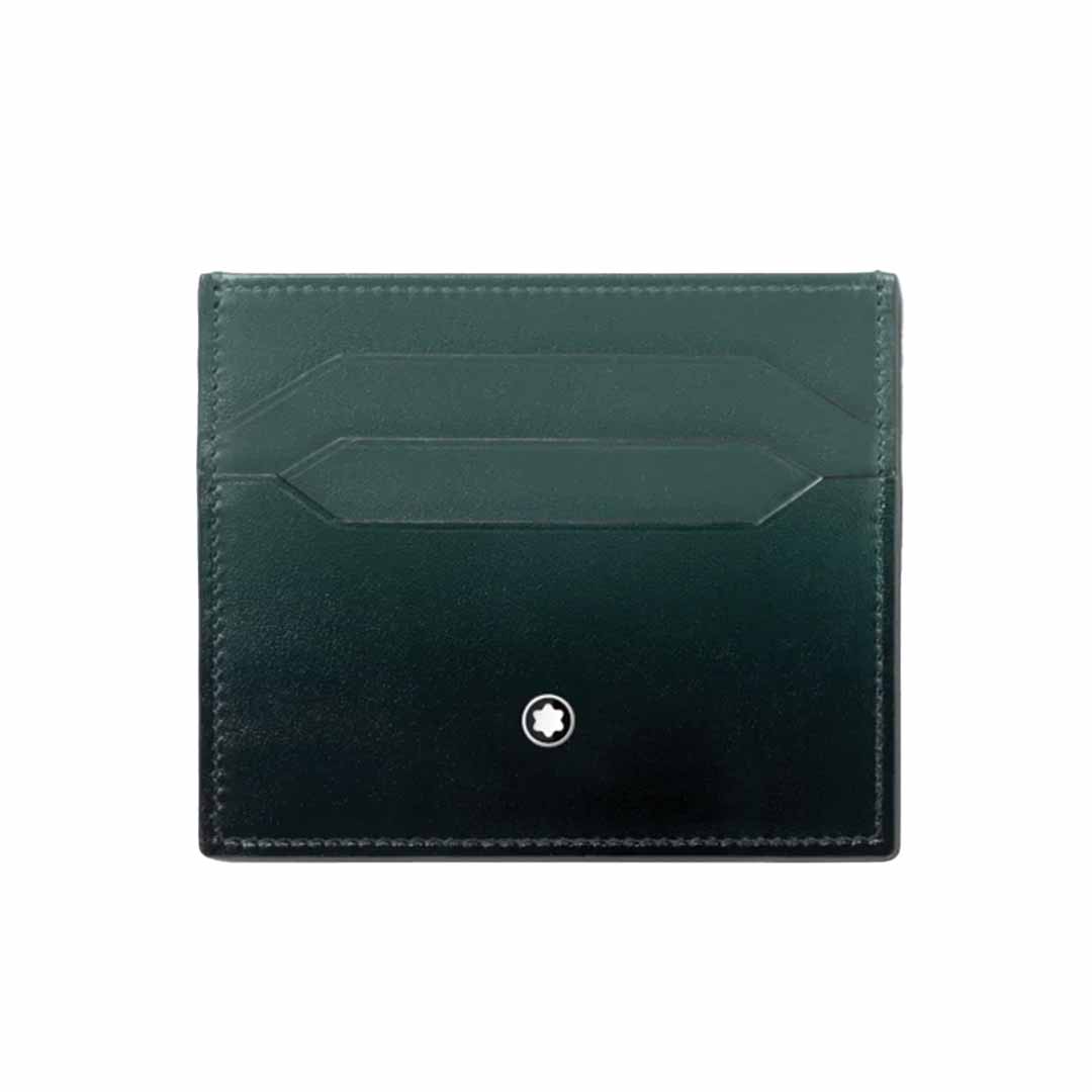 This stylish Montblanc Meisterstück 6cc leather card holder, part of the exclusive 100 Years Meisterstück capsule collection, showcases a small white emblem at its center bottom. Its minimalist design features two card slots on the front for easy organization.