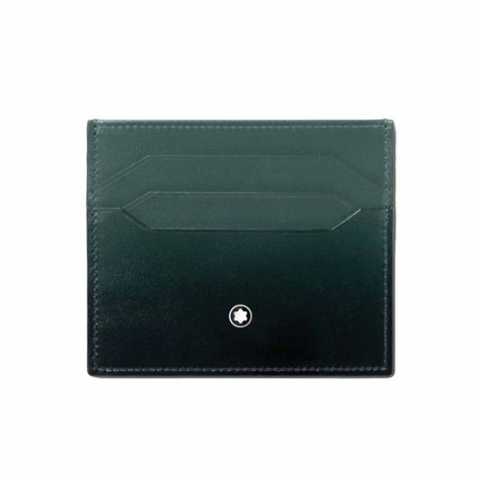 This stylish Montblanc Meisterstück 6cc leather card holder, part of the exclusive 100 Years Meisterstück capsule collection, showcases a small white emblem at its center bottom. Its minimalist design features two card slots on the front for easy organization.