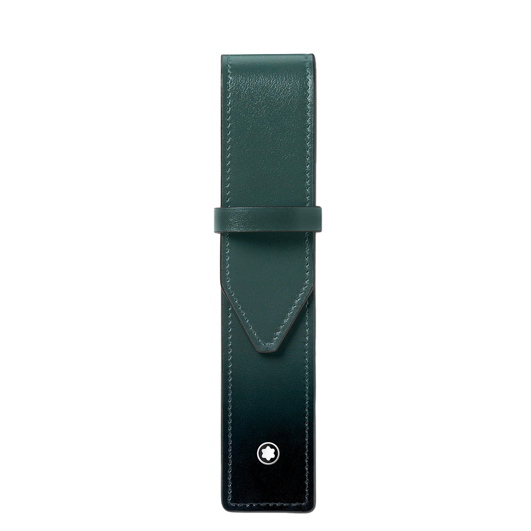 The Montblanc Meisterstück Single Pen Pouch, in British green leather, boasts a minimalist design with a fold-over flap and small round emblem, perfectly blending elegance and functionality.