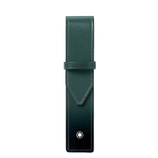 The Montblanc Meisterstück Single Pen Pouch, in British green leather, boasts a minimalist design with a fold-over flap and small round emblem, perfectly blending elegance and functionality.