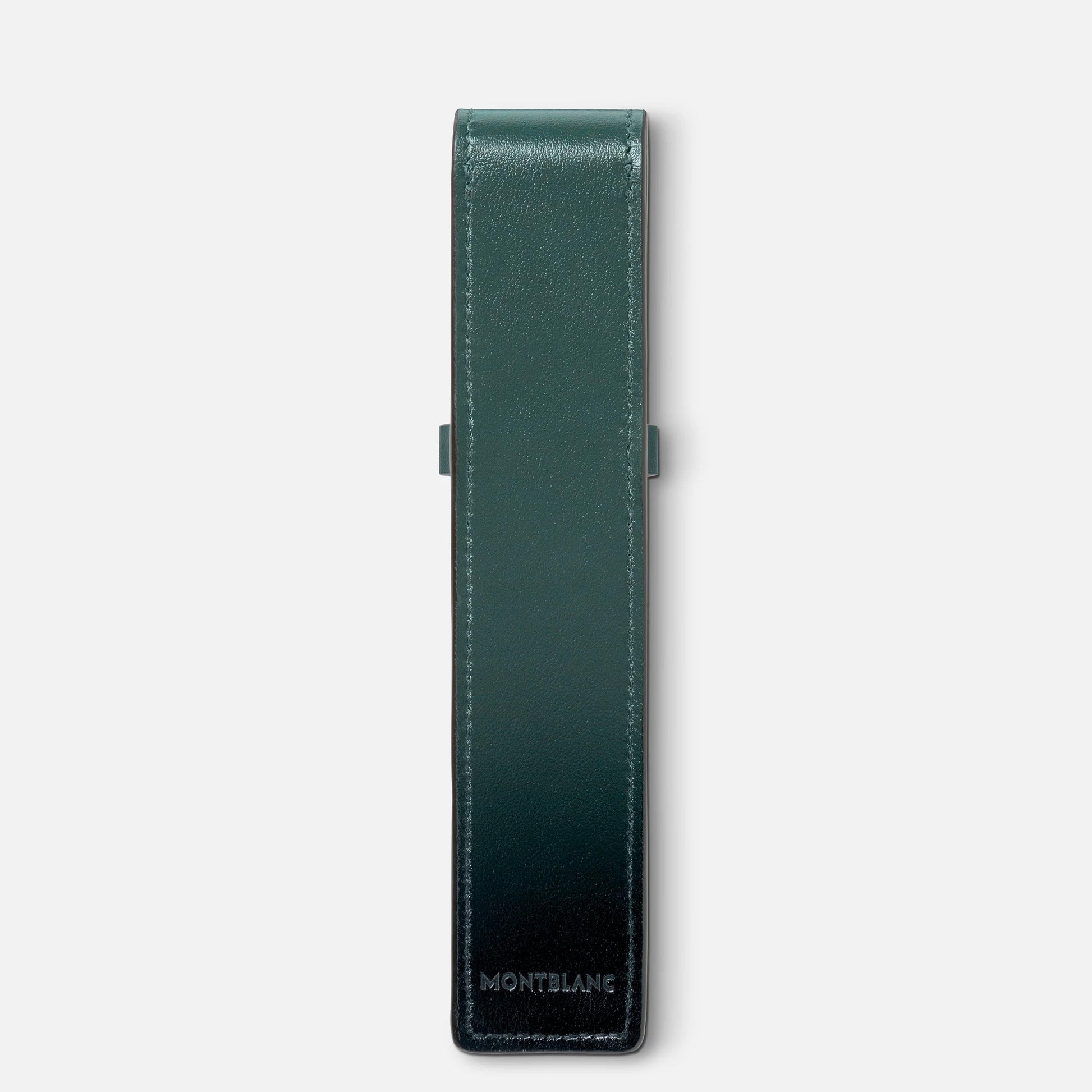 The Montblanc Meisterstück Single Pen Pouch is a sleek, British green leather pouch with a flap closure and an embossed Montblanc logo at the bottom, showcasing a minimalist and elegant design against a plain white background.