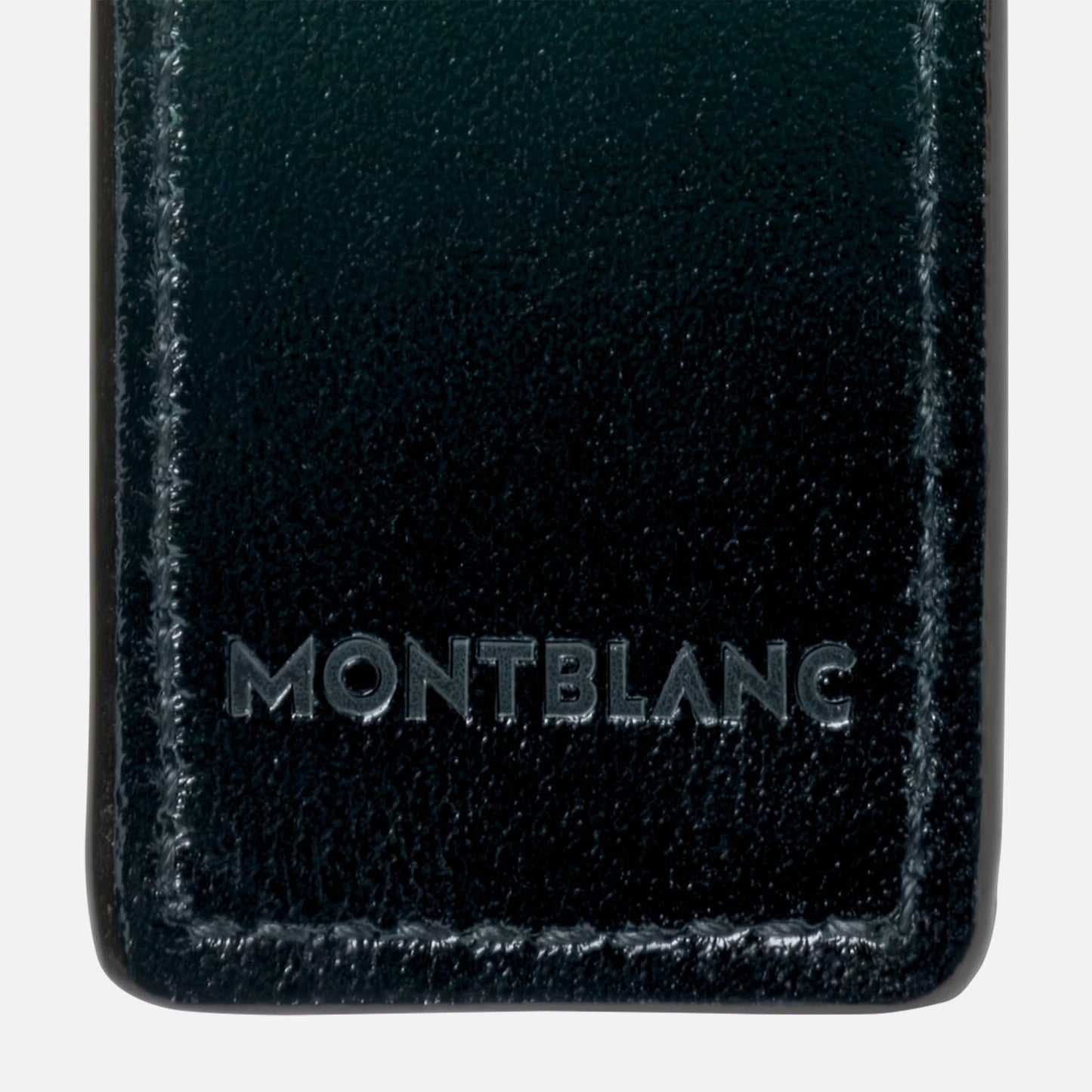 A close-up of the Montblanc Meisterstuck Single Pen Pouch showcases its quality black leather and craftsmanship, with "Montblanc" embossed in silver at the bottom.