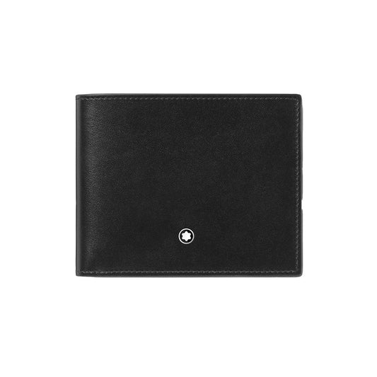 The Montblanc Meisterstuck 6CC Leather Wallet features smooth black leather and a small circular emblem with a white star, displayed against a plain white background.