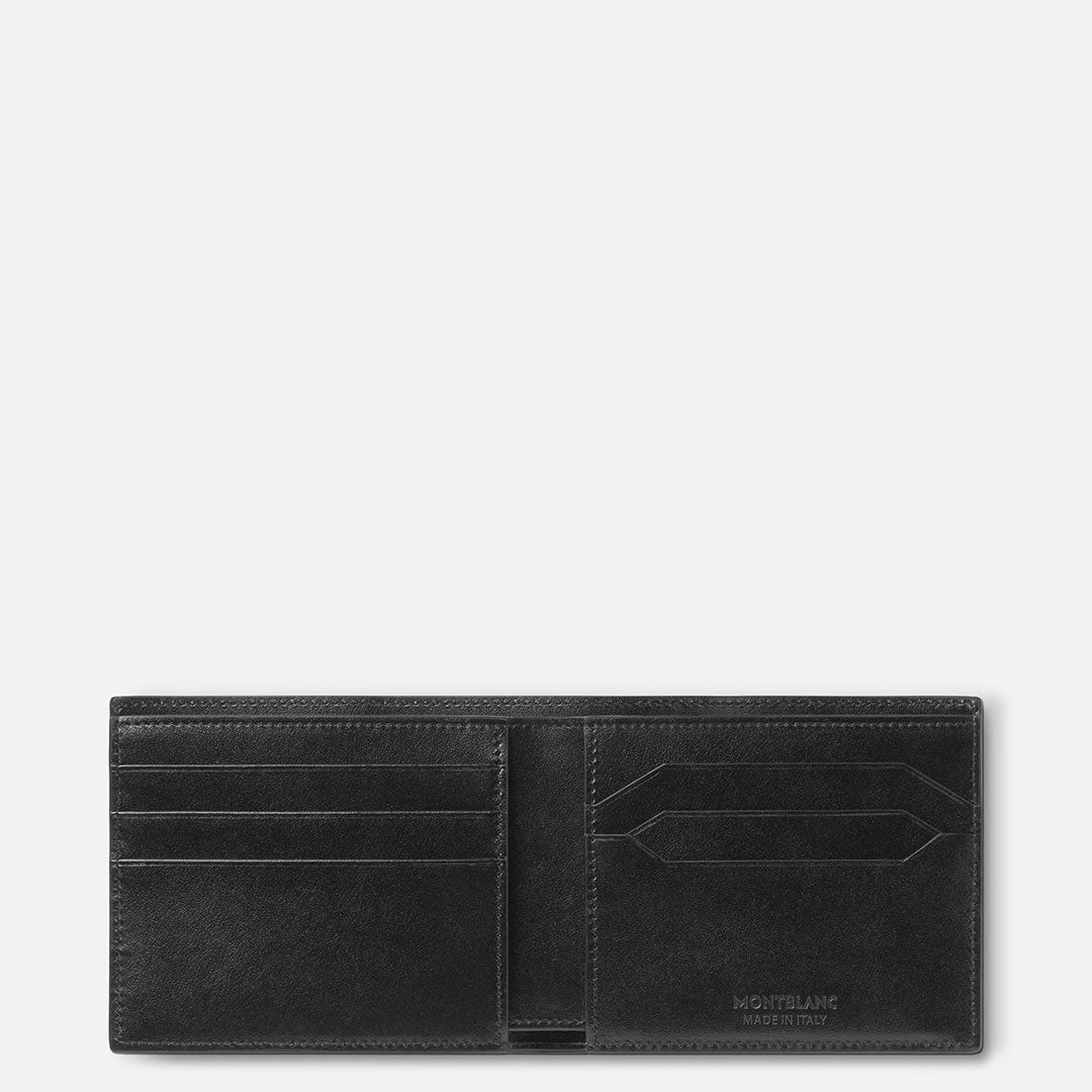 The Montblanc Meisterstück 6CC Leather Wallet, shown open against a white background, features multiple card slots and compartments with "Montblanc Made in Italy" embossed on the lower right side.