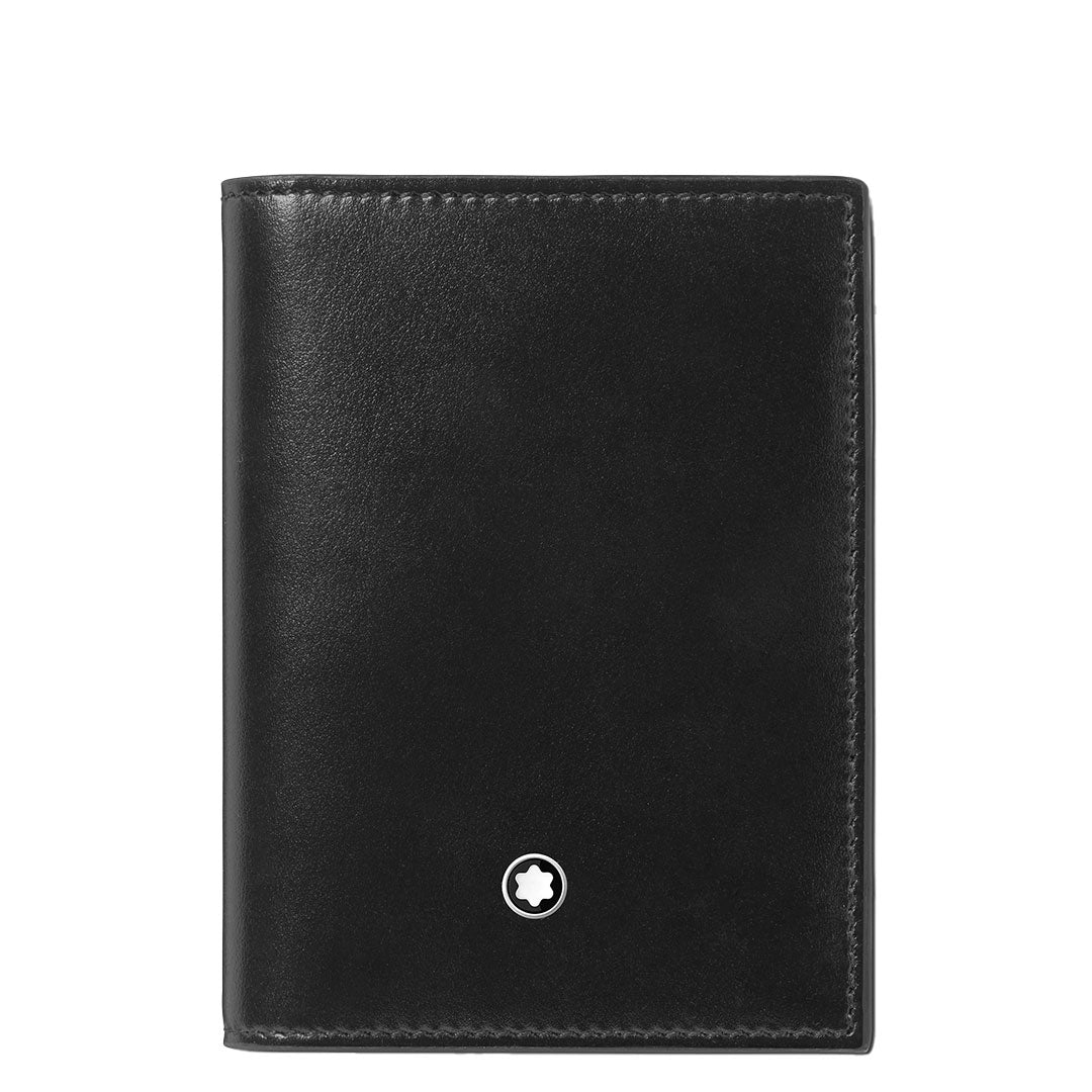 The Montblanc Meisterstuck 4CC Leather Card Holder is a compact black card holder with a small white star emblem near the bottom center, shown against a plain white background.