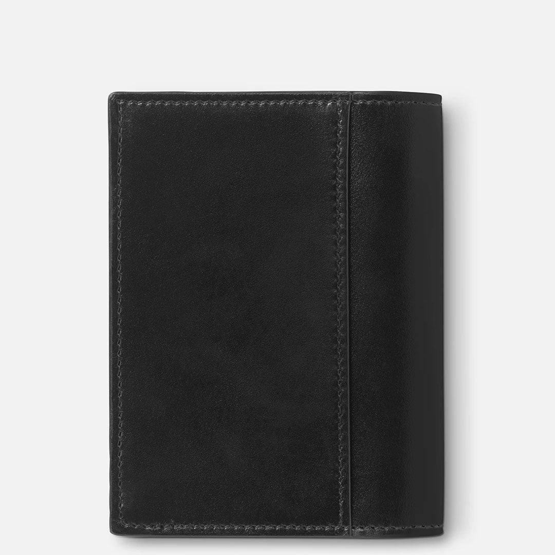 The Montblanc Meisterstuck 4CC Leather Card Holder by Montblanc is shown upright against a white background, featuring visible edge stitching and a sleek, minimalist black leather design ideal for those wanting a compact card holder.