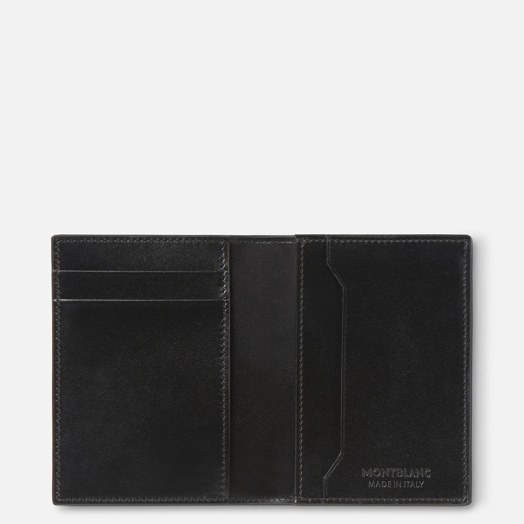 The Montblanc Meisterstück 4CC Leather Card Holder features two card slots on the left, a larger pocket on the right, and "Montblanc Made in Italy" embossed below—a stylish accessory for daily essentials.