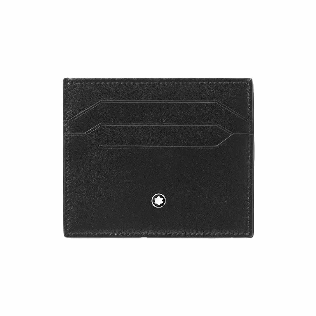 The Montblanc Meisterstück 6cc Leather Card Holder showcases a minimalist design in sleek black luxury leather, adorned with the iconic Montblanc emblem centrally positioned at the bottom. It features two card slots on the front, ideal for organizing credit cards.