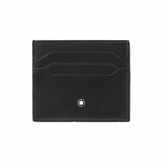 The Montblanc Meisterstück 6cc Leather Card Holder showcases a minimalist design in sleek black luxury leather, adorned with the iconic Montblanc emblem centrally positioned at the bottom. It features two card slots on the front, ideal for organizing credit cards.