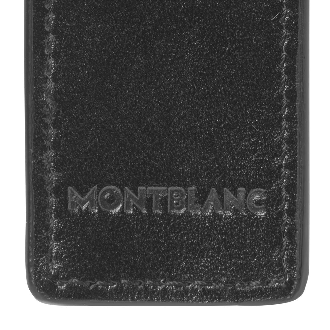 Close-up of the Montblanc Meisterstuck 1-Pen Leather Pouch in black, featuring the "MONTBLANC" brand embossed near the bottom and visible edge stitching.