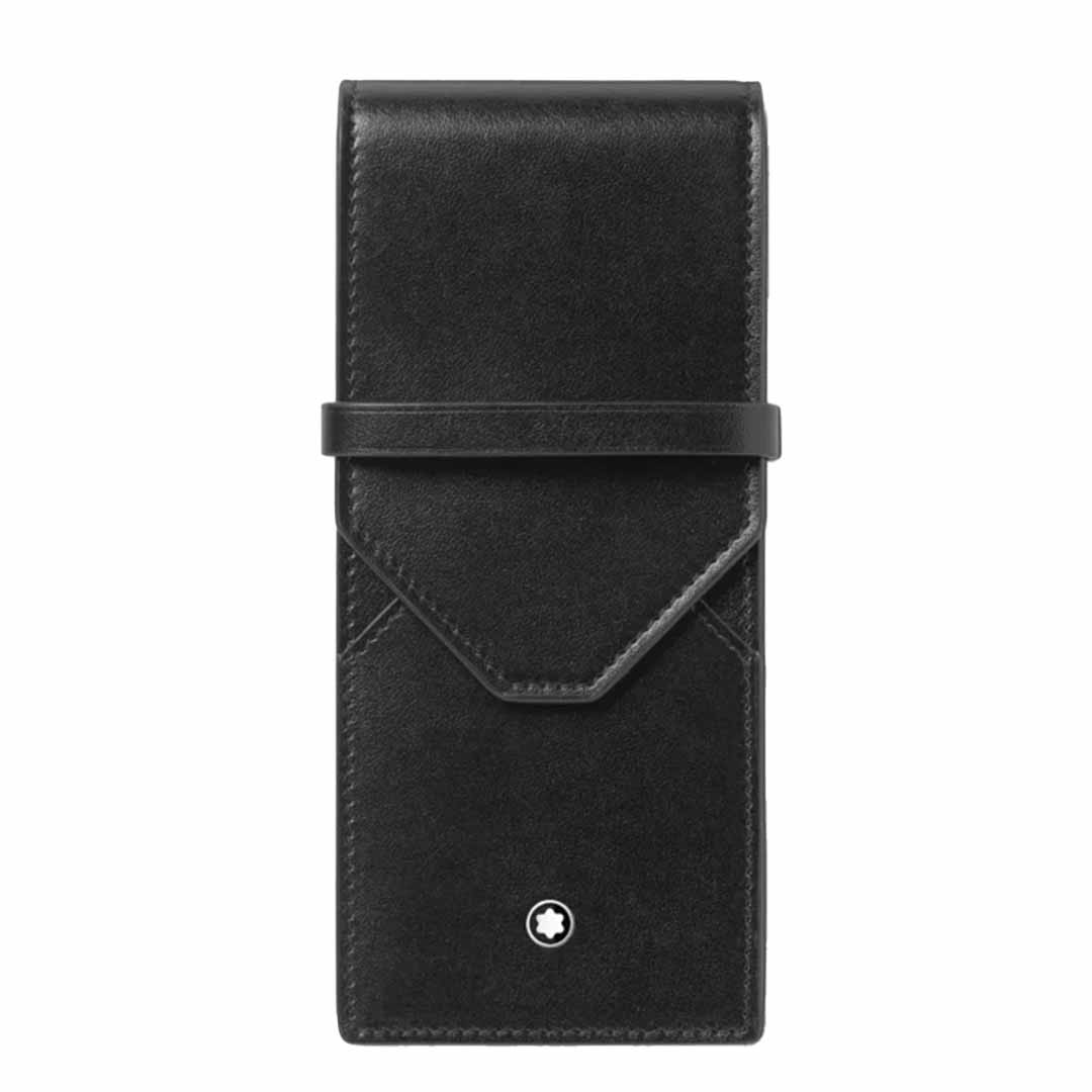 Introducing the Montblanc Meisterstuck 3-Pen Leather Pouch, a sophisticated handcrafted accessory in sleek black leather. It features a triangular flap and strap closure, with the iconic Montblanc emblem subtly embossed at the bottom center, adding a touch of elegance to its minimalist design set against a plain white background.