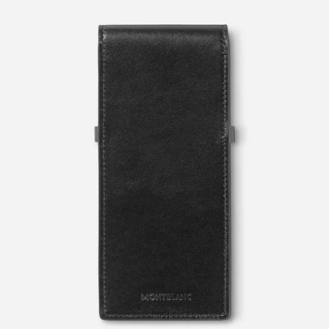 A sleek black leather pouch with a rectangular shape and a flap closure, reminiscent of a luxury pen case. The words "Meisterstuck 3-Pen" are subtly embossed at the bottom on the front side, accompanied by the elegant Montblanc emblem.
