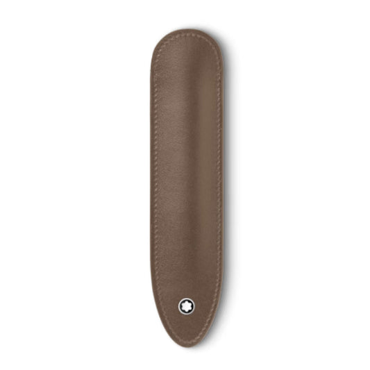 The Montblanc Meisterstück Brown Leather Pen Pouch features a rounded edge design and is adorned with a small circular emblem at the bottom displaying the iconic white star-like logo. It boasts an elegant construction with noticeable stitching along its edges.